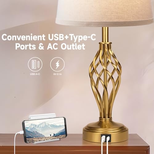 Ruiever Touch Table Lamps Set of 2, nightstand lamp with USB Ports Bedside 3 Way Touch dimmer Desk lamp for Living Room Bedroom,Gold Plated Spiral cage Base Design Warm White dimmer Bulbs Included. - Image 4
