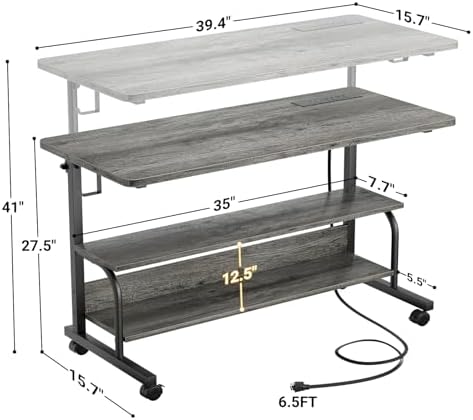 39" Height Adjustable Standing Desk with Power Outlets - Manual Rolling Stand Up Desk with Wheels Small Portable Computer Desk Mobile Laptop Table with Storage Shelves for Home Office, Grey Oak - Image 3
