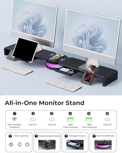 Dual Monitor Stand Riser with USB Hub, 15W Wireless Charging & RGB - Image 2