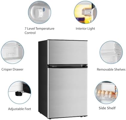 Saeoola Mini Fridge with Freezer, 3.2 Cu.Ft, 2 Doors Compact Mini Refrigerator with Separate Freezer for Dorm, Bedroom, Office, Apartment with 7-Level Temperature Control, Removable Shelves (Sliver) - Image 5