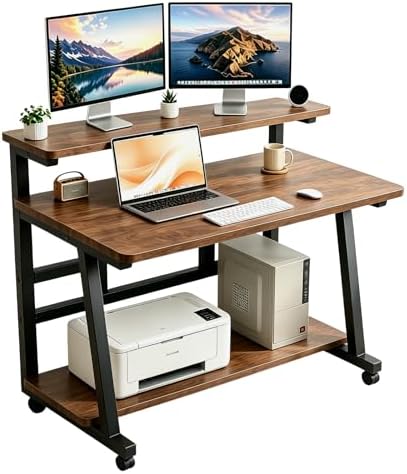 39.4 Inch Compact Rolling Computer Desk with Tier Worktable & Lockable Wheels, Small Computer Desk, Small Desk for Bedroom, Mobile Writing Workstation Easy Assembly for Home Office Small Spaces by HDOFM