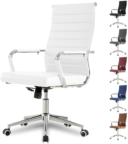 Okeysen White Office Desk Chair, Ergonomic Leather Modern Conference Room Chairs, Executive Ribbed Height Adjustable Swivel Rolling Chair for Home Office. by Okeysen