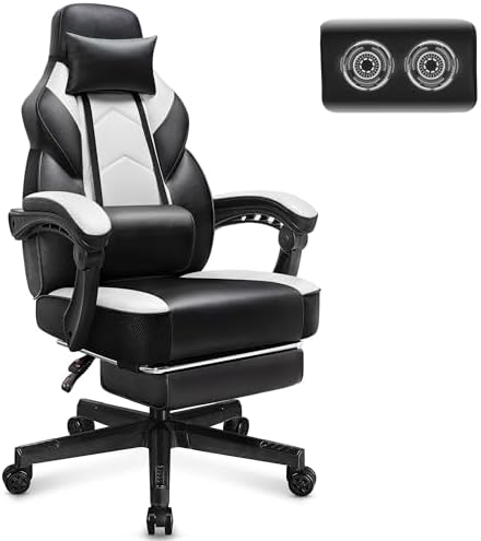 Big and Tall Gaming Chair for Adults, Heavy Duty Computer Chair with Footrest, Video Game Chair, Massage Lumbar Support, Wide Seat High Back Reclining Desk Chair, White by Meilocar