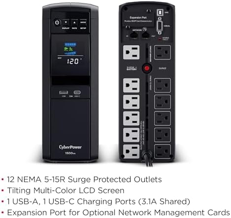 CyberPower CP1500PFCLCD PFC Sinewave UPS Battery Backup and Surge Protector, 1500VA/1000W, 12 Outlets, AVR, Mini Tower, UL Certified - Image 3