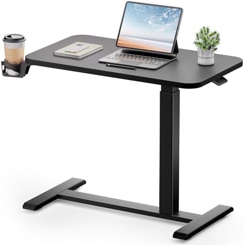 GTPLAYER Small Standing Desk with Hidden Wheels, Pneumatic Mobile Rolling Laptop Desk, Adjustable Height Overbed Bedside Table Computer Workstation for Home Office (32" W x 16" D, Pure Black) by GTPLAYER