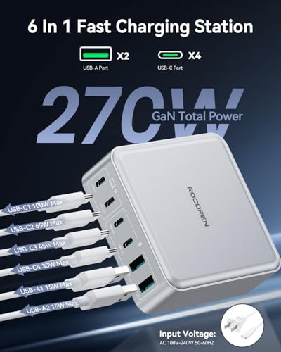 Rocoren 270W GaN 6‑Port Charging Station,100W PD Fast Charger Block Dock - Image 2