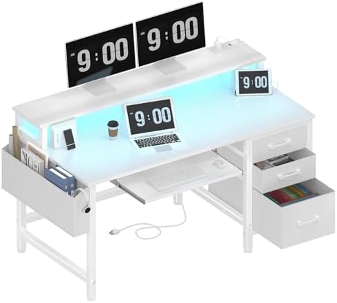Lufeiya Gaming Desk with LED Lights and Power Outlets, 47 Inch Home Office Desks with Keyboard Tray, White Computer Desk with File Drawers Cabinet, Writing Table PC Desks with Monitor Stand, White by LUFEIYA