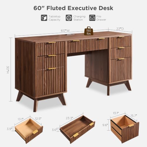 T4TREAM 60" Modern Fluted Executive Desk with Drawers, Light Walnut - Image 2