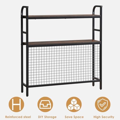 Desk Shelf, 36.8” Desktop Organizer Shelf with Grid Panel and Hooks, Desk Hutch for Computer Monitor, 2 Tier Desk Display Rack Wood Desktop Bookshelf Storage for Home Office Dorm (Rustic Brown, 36.8") - Image 7