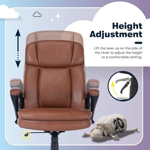 Serta Fairbanks Big & Tall Executive Office Chair, Ergonomic High-Back with Lumbar Support, Semi-Plush Seat Cushion and Body Pillows, Padded Armrests, Nylon Swivel Base, Bonded Leather, Cognac Brown - Image 6