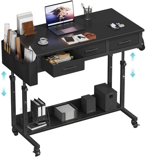 Rolling Standing Desk Adjustable Height with Drawers, 40 Inch Mobile Stand Up Portable Teacher Desks on Wheels for Classroom, Couch Sofa Side Laptop Table with Storage for Bedroom Home Office, Black by Unknown