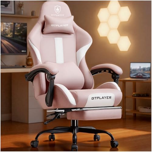 GTPLAYER Gaming Chair with Foot Rest & Pocket Spring Cushion, Ergonomic High Back Computer Desk Chair with Headrest & Lumbar Support for Back Pain Relief, Breathable Fabric, Pink by GTPLAYER