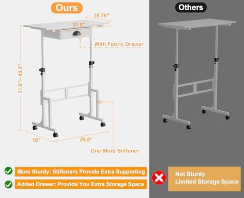 Cidaziya Adjustable Height Standing Desk for Walking Pad Treadmill, Portable Rolling Desk for Laptop with Drawer, Small Moblie Sit to Stand Desk On Wheels with Stiffener for Home Office Dorm Bedroom - Image 6