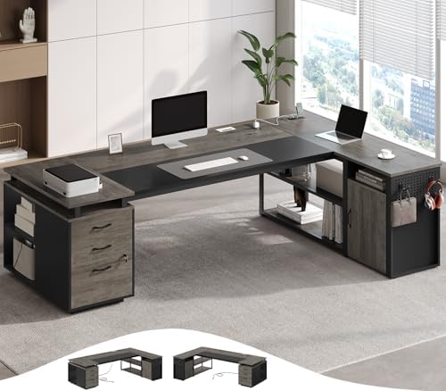 78" Executive Desk with Lockable File Cabinet, L Shaped Office Desk with Power Outlets, Large Executive Desk with Drawers and Storage Shelves , Reversible Computer Desk with Privacy Screen, Grey by Unknown