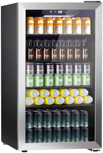 COWSAR Wine Cooler, 26 Bottle 130 Can Beverage Refrigerator, ETL Approved Mini Drink Fridge Clear Glass Door Quiet Compressor Adjust Temp 3.2 Cu.Ft Wine Fridge for Soda Beer by COWSAR