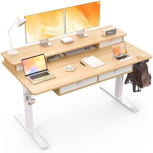 55 x 30 Inch Electric Standing Desk with 4 Drawers, Natural by ExaDesk