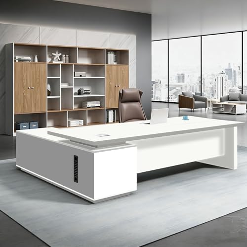 L Shaped Executive Desk with Drawers, Large Office Desk with Storage Cabinet, Wood L Shape Desk for Home Office or Business Workspace, Left or Right Cabinet Option, Multiple Sizes & Colors by Unknown