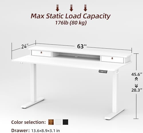 TIQLAB Standing Desk with Two Drawers, Stand Up Standing Desk Adjustable Height, Electric Sit Stand Table with Storage Shelf and Splice Board, 63 * 24 inch, White - Image 3