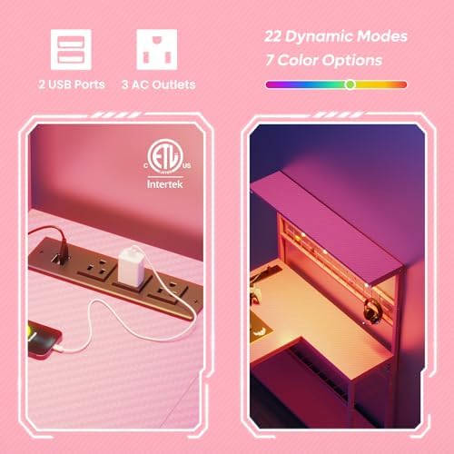 Bestier 42" L Gaming Desk with Power Outlets LED Lights, Carbon Fiber Pink - Image 4