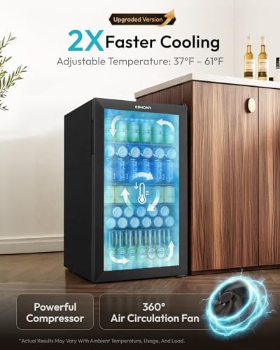 EUHOMY 130 Can Mini Fridge, Beverage Refrigerator with Glass Door, Black - Image 2