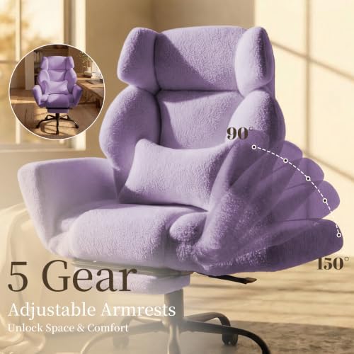Office Chair with Flip Armrests,Comfy Criss Cross Chair for Pets Sitting,Big and Tall Office Chair with Foot Rest,Extra Wide Seat & Lumbar Pillow,Ergonomic Computer Gaming Chair,Teddy Fleece,Purple - Image 4