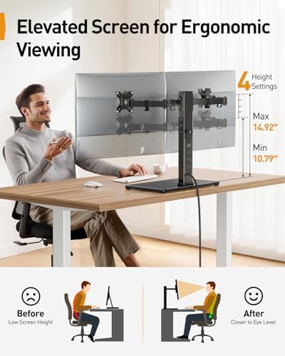 Perlegear Dual Monitor Stand with Power Strip, Freestanding Computer Monitor Stand for 2 Screens up to 32 Inch, Monitor Stand Riser with Glass Base and Adjustable Arms, Holds 22 lbs per Arm, PGTVS41B - Image 4