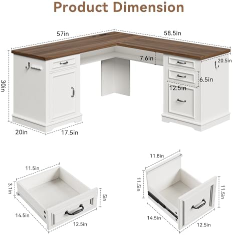 Farmhouse L Shaped Executive Desk with 4 Drawers, Home Office Desk with Hidden Under-Desk Storage Shelf and Charging Station, File Cabinet Storage, Wood Corner Computer Desk for Work(White+Brown) - Image 2