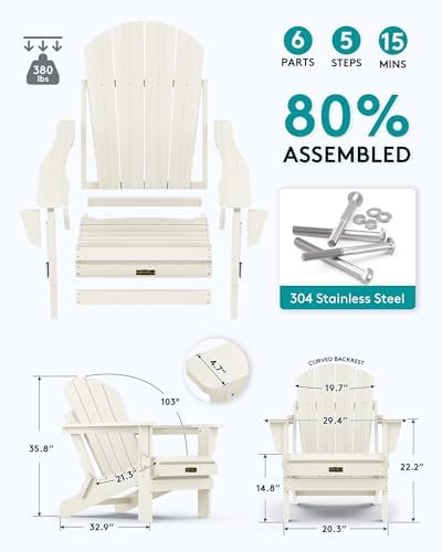 SERWALL Folding Adirondack Chair with Cup Holder Set of 6 for Garden -White - Image 2