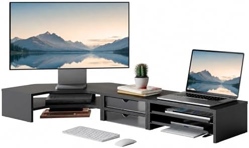 Fenge Dual Monitor Stand, Corner Desk Shelf with Drawer & Slide-Out Tray by Fenge