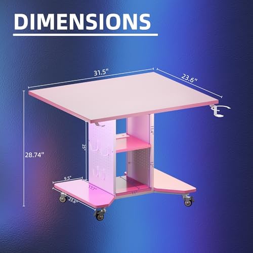 Pamray Small Gaming Desk Rolling Computer Table Pink - Image 3