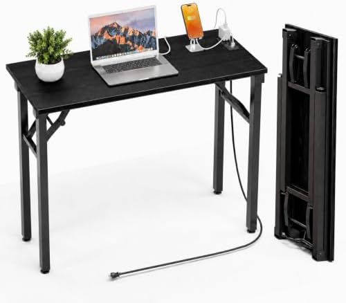 Folding Table Computer Desk - 35.8" No Assembly Folding Desk with Power Outlets & USB Charging Port, Small Desk, Foldable Office Desk, Compact Storage Portable Use for Small Space, Dark Oak by HMFOR