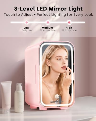 Enventor Mini Fridge with Dimmable LED Mirror, 6L/ 8 Can, AC/DC Power, Pink - Image 2