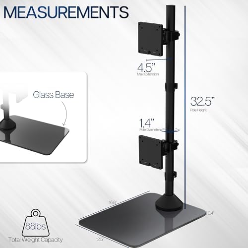 VIVO Dual Vertically Stacked Ultra-Wide Monitor Desk Stand with Glass Base, Extra Tall Adjustable Mount for 2 Ultrawide Screens up to 49 inches, 44 lbs Per Screen Capacity, Black, STAND-V202LG - Image 3
