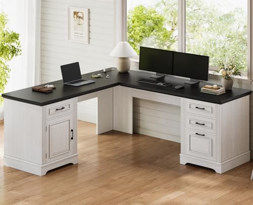 Itaar Farmhouse Executive L Shaped Desk, Home Office Desk with File Drawer and Power Outlet, Computer Corner Desk with Drawers and Storage Cabinet, Workstation for Office Home, White by Itaar