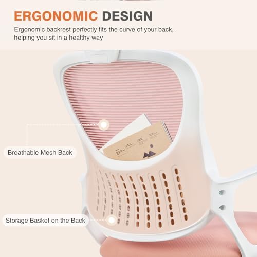 Sweetcrispy Office Computer Desk Chair, Ergonomic High-Back Mesh Rolling Work Chairs with Wheels and Adjustable Headrests, Comfortable Lumbar Support, Comfy Armrest for Home, Bedroom, Study, Pink - Image 3