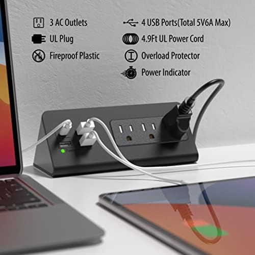Nightstand Edge Mount Power Strip with USB-C Ports Tabletop Surge Protector Desk Clamp Power Sockets with 3 AC Outlets &4 Fast Charging USB Ports for Home Office Hotel and Dormitory (Black(2-Pack)) - Image 2