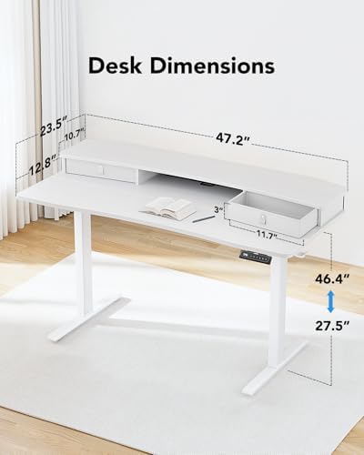 HUANUO 48″ x 24″ Electric Standing Desk with 2 Drawers, C-Clamp Mount Compatible, Height Adjustable Computer Desk, Home Office Stand Up Desk with 4 Preset Heights & 2 Hooks, White - Image 3