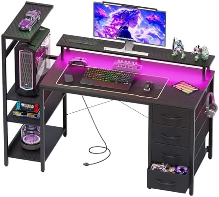 51in Gaming Computer Desk with Drawers & Power Outlet & LED Lights, Black by APICIZON