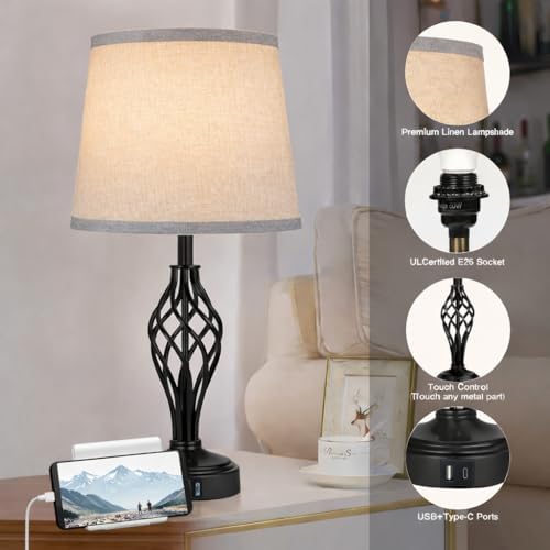 Ruiever Touch Table Lamps Set of 2, nightstand lamp with USB Ports Bedside 3 Way Touch dimmer Desk lamp for Living Room Bedroom,Black Painted Spiral cage Base Design Warm White dimmer Bulbs Included. - Image 4