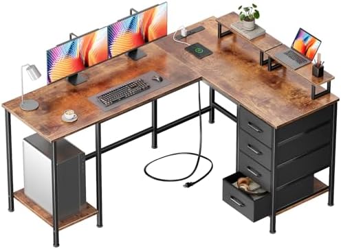 Korfile 59 inch L Shaped Computer Desk with Power Outlets, Rustic Brown by Korfile