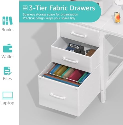 Lufeiya White Computer Desk with Fabric File Drawers Cabinet, 55 Inch Reversible Desks with Storage Filing Cabinet for Home Office, Modern Writing Table PC Desks for Bedroom, White - Image 6