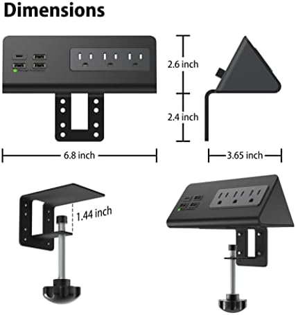 Nightstand Edge Mount Power Strip with USB-C Ports Tabletop Surge Protector Desk Clamp Power Sockets with 3 AC Outlets &4 Fast Charging USB Ports for Home Office Hotel and Dormitory (Black(2-Pack)) - Image 6
