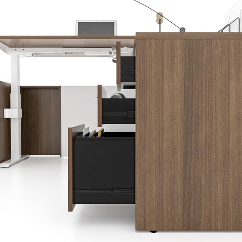 U-Shaped Executive Office Standing Desk with Pre-Assembled Frame & Lockable File Cabinet, Dual Motor Height Adjustable Electric Sit Stand Desk, Programmable Controller, Walnut/White - Image 6