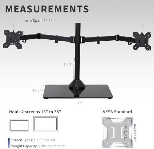 VIVO Freestanding Dual Ultrawide Monitor Stand with Sleek Glass Base and Adjustable Arms, 2 Screens up to 38 inches and 22 lbs Each, Black, STAND-V038FG - Image 4