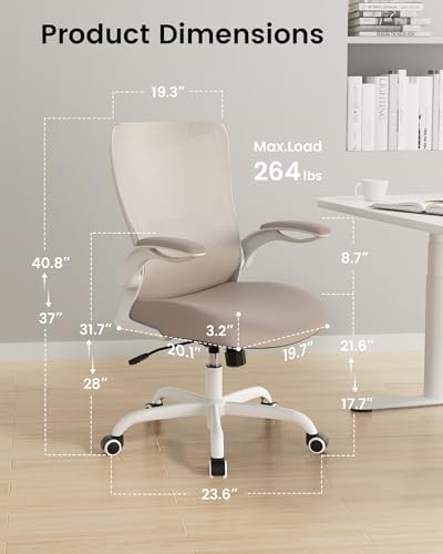 MUXX.STIL Office Chair, Ergonomic Desk Chair with Adjustable Lumbar Support and Flip up Armrest, Breathable Mesh Computer Chair for Home Office, Khaki - Image 2