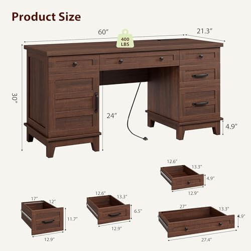 GarveeHome Executive Desk with File Drawers, Farmhouse Home Office Desk with Charging Station, 60 in Wooden Computer Desk with Cabinet Storage for Work Study Writing, Walunt Brown - Image 2