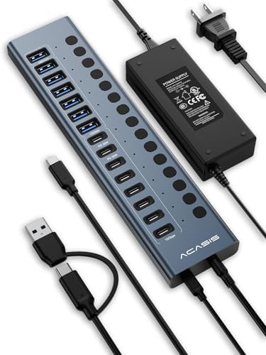 ACASIS Powered USB C Hub, 16-in-1 USB 3.2 Hub 10Gbps, 6 USB-A 3.2 + 2 USB-A 2.0+ 8 USB-C 3.2 Ports, Dual USB-C PD 30W, 150W Adapter, 3.3FT Cable, Aluminum USB Hub for PC, Laptop, Mac mini, iMac, iPad by ACASIS