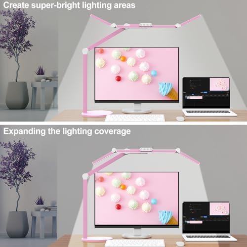 Micomlan Led Desk Lamp with Base, Adjustable Tall Architect Desk Light for Home Office with Flexible Swing Arm, 24W Pink Bright Table Lamp Auto Dimming Computer Light for Workbench - Image 2