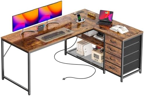 PRAISUN 53" L Shaped Desk with Power Outlets & 4 Drawers by PRAISUN