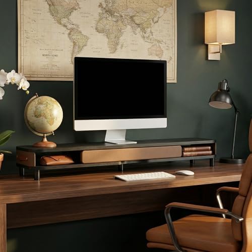 Fenge Dual Monitor Stand with Large Storage Drawer, 42.5" Desk Shelf, Black - Image 6